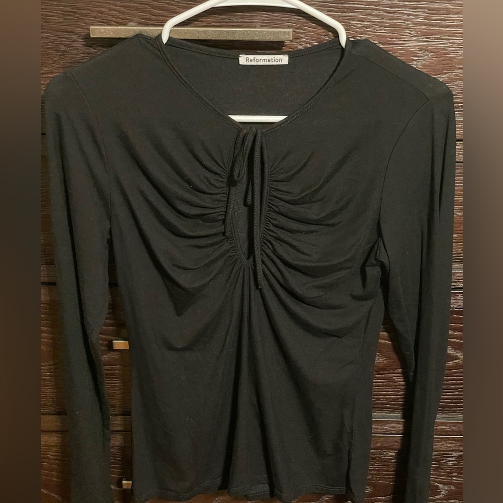 reformation black open front tie neck long sleeve top large